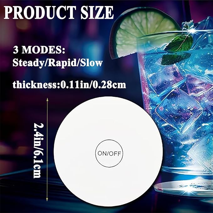 LED Drink Coaster, 60 Pack White, Round, Plastic, 24+ Hour Battery Life, 3 Lighting Modes
