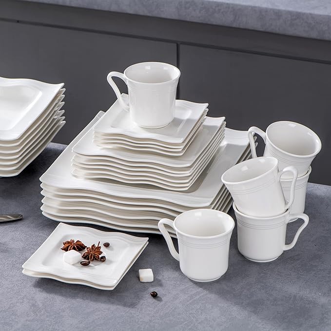 MALACASA 30 Pieces Dinnerware Sets, Modern Ivory White Plates and Bowls Sets for 6, Porcelain Dish Set with Dinner Plate, Dessert Plate, Soup Plate, Cup and Saucer, Square Dishware Set, Series Mario