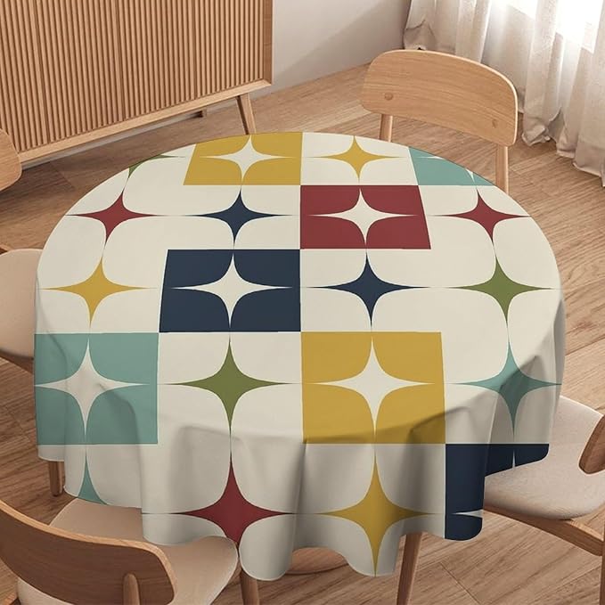 Middle Century Modern Round Tablecloth, Retro Mid Century Geometry Abstract Bohemia Tablecloth for Home Party Dining Room Kitchen Decor 36Inch(90cm)