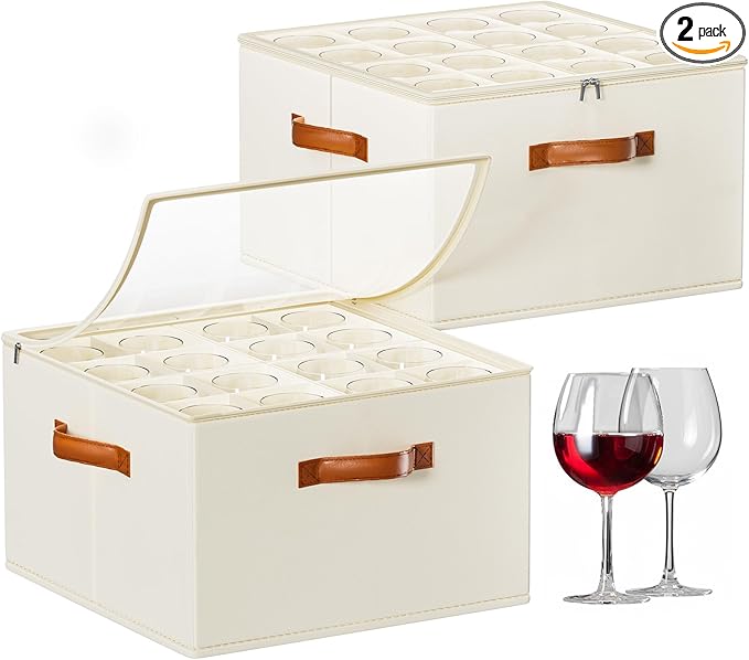 Wine Glass Storage Box with Dividers, 2 Pack Glassware Storage Containers, Stemware Storage Cases Holds 32 Wine Glasses, Stackable Crystal Storage Containers with Clear Cover for Moving，Beige