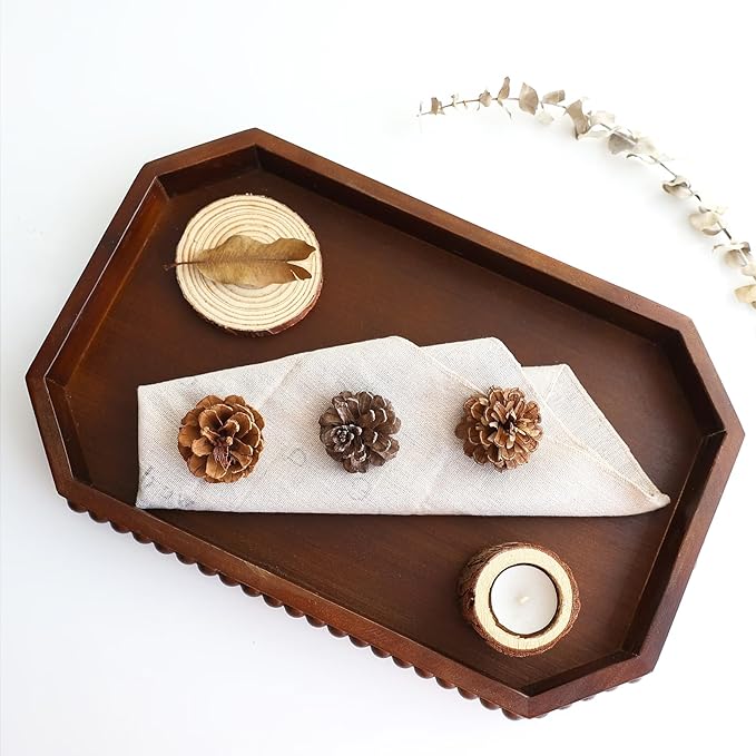 Retro Brown Wood Serving Tray with Beads, Farmhouse Decorative Tray for Table Centerpiece, Christmas Wedding Halloween Home Decor