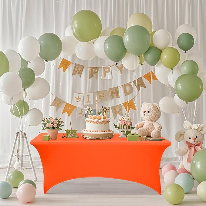 8FT Table Cloth for Rectangular Fitted Events Stretch Orange Table Covers Washable Spandex Tablecloth Protector for Party, Wedding, Cocktail, Banquet, Festival