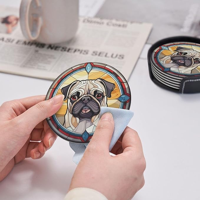 Drink Coaster Set of 6, Pug Dog Mom Lover Gift,Leather Drink Coasters with Holder,6 Pack Cup/Bar/Drink Coasters for Table/Drinks/Coffee Protection Housewarming Gift