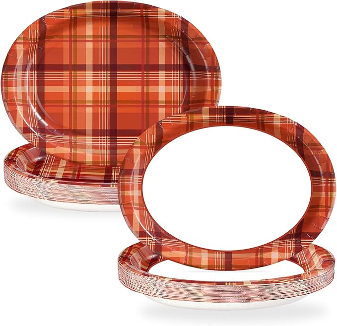 50Pcs Fall Gingham Oval Paper Plates 10" x 12" Large Heavy Duty Disposable Autumn Burnt Orange Buffalo Plaid Dessert Plates Thanksgiving Harvest Platters for Wedding Picnic Birthday Party Supplies