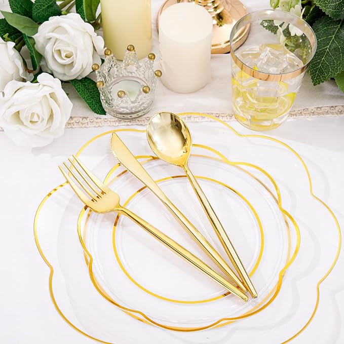EI 180pcs Clear Plastic Plates with Gold Plastic Silverware, Plate for Party,Clear Dinnerware Set,Heavy Duty Plate for Wedding,Afternoon Tea,Spring,Mother's Day,Valentine's Day,Easter