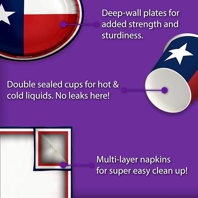 Texas State Flag Birthday Party Supplies Set Plates Napkins Cups Tableware Kit for 16