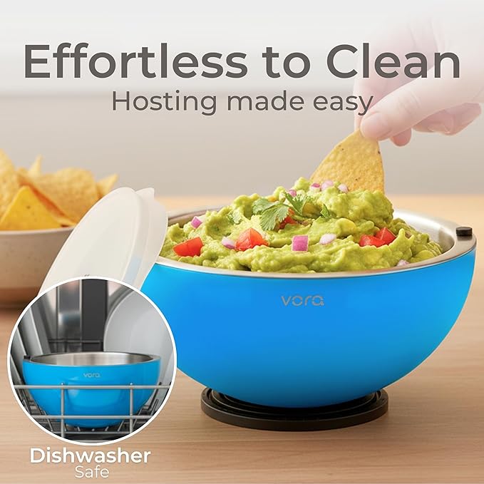 Vora 35oz Dip Chiller Bowl with Lid | 2 Pack Blue Stainless Steel Chilled Serving Bowl Keep Dips, Salads, and Appetizers Perfectly Cold with Leak-Resistant Ice Bowl for Effortless Hosting