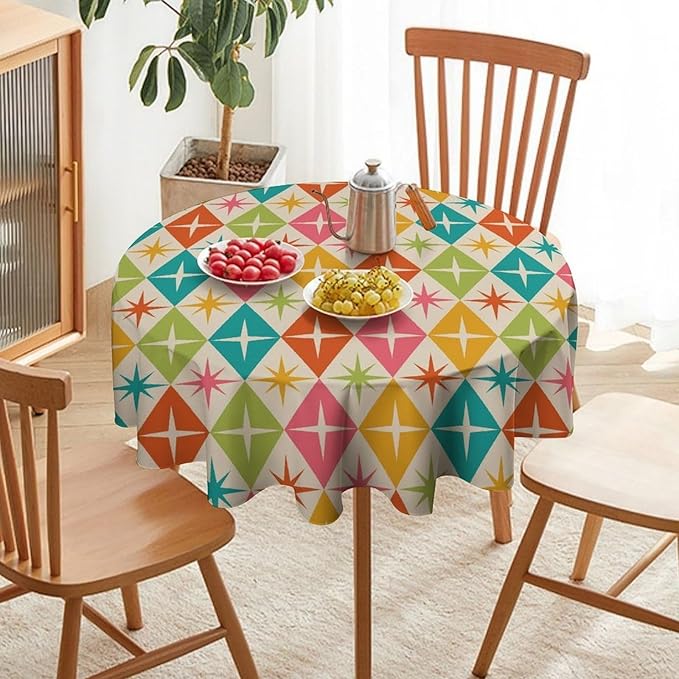 Abstract Geometric Round Tablecloth, Mid Century Retro Abstract Vintage Tablecloth for Home Party Dining Room Kitchen Decor 36Inch(90cm)