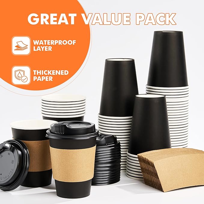 50 Pack 12 oz Disposable Coffee Cups with Lids and Sleeves, Sturdy Paper Cups for Hot/Cold Drinks, Leak-Proof To Go Coffee Cups with Lids for Home, Café, Events, Office, Black