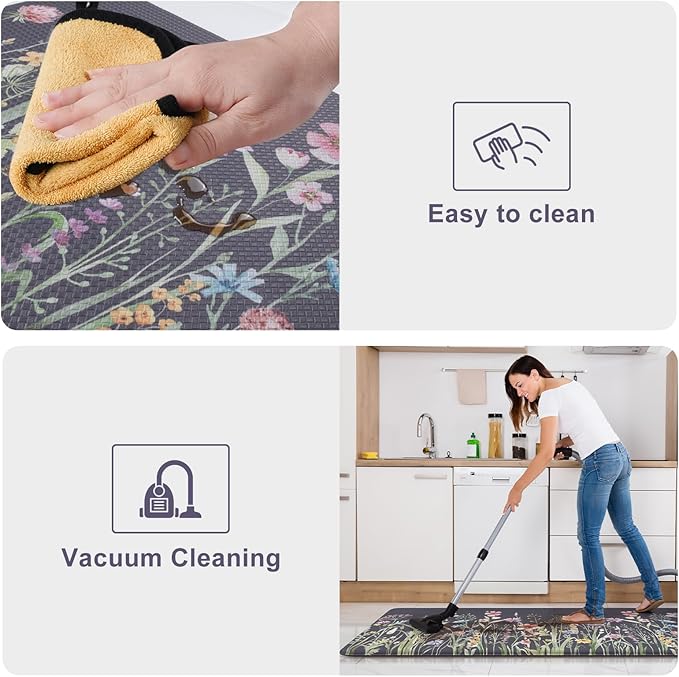 KIMODE Anti Fatigue Kitchen Mats for Floor, 20"x47"+20"x32" Farmhouse Kitchen Rugs Sets of 2, Padded Kitchen Floor Mats, Comfort Standing Mats for Sink, Laundry, Office, Desk Dark Grey/Purple