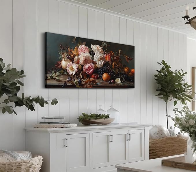 ADJUVANT Wall Art Vintage Floral And Fruit 40" L x 20" W, Peonies With Grapes And Citrus Canvas Painting Prints Graceful Botanic And Fruity Wall Decor for Living Room Bedroom Dining Room Home Office