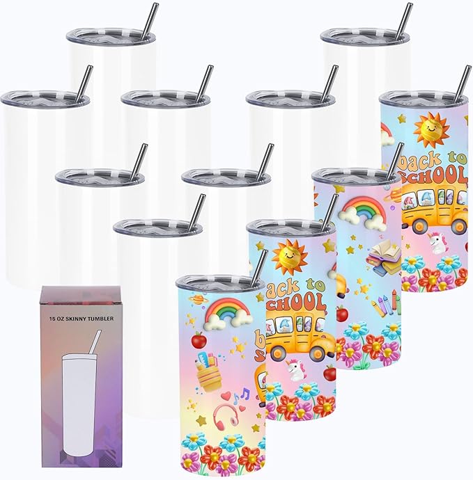 15 Oz Sublimation Tumblers Blank (12 Pack), Skinny Straight Kids Sublimation Tumblers Bulk, Individually Gift Boxed,