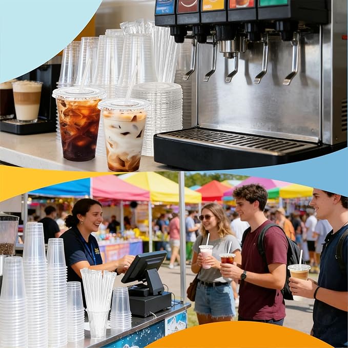 20 oz 100 Pack Disposable Clear Plastic Cups with Lids and Straws, Food Safe Bulk Iced Coffee Cups for Smoothies, Milkshakes and Other Cold Drinks