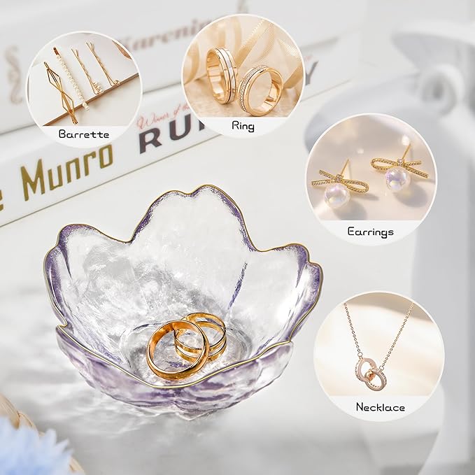 Purple Glass Jewelry Trinket Dish, Cherry Blossom Decor Ring Holder Tray, Small Trinket Bowl Gifts for Women