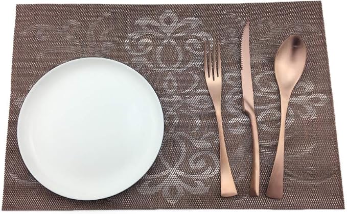Gugrida Luxury Coffee Placemats Set of 6 Crossweave Woven Vinyl Placemat for Dining Table Heat Resistant Non-Slip Kitchen Table Mats Easy to Clean