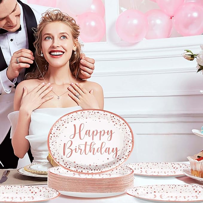 Grencian 50Pcs Pink Rose Gold Birthday Plates 10" x 12.5" Oval Paper Plates Disposable 400GSM Oval Paper Tableware Pink Dots Dinnerware for Girls Women Rose Gold Birthday Party Decorations