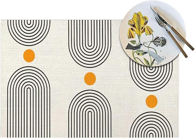Boho Placemats 12x18 Inches Set of 4,Mid Century Black Orange Art Line Decorative Rectangle Bohemian Modern Abstract Table Mats for Party, Home Kitchen,Dining Table Decoration