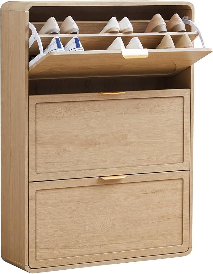 Narrow Hidden Shoe Organizer Cabinet Storage for Entryway, Modern Slim and Skinny Shoe Rack Cabinet with Flip Drawers for Entrance, Hallway - Natural