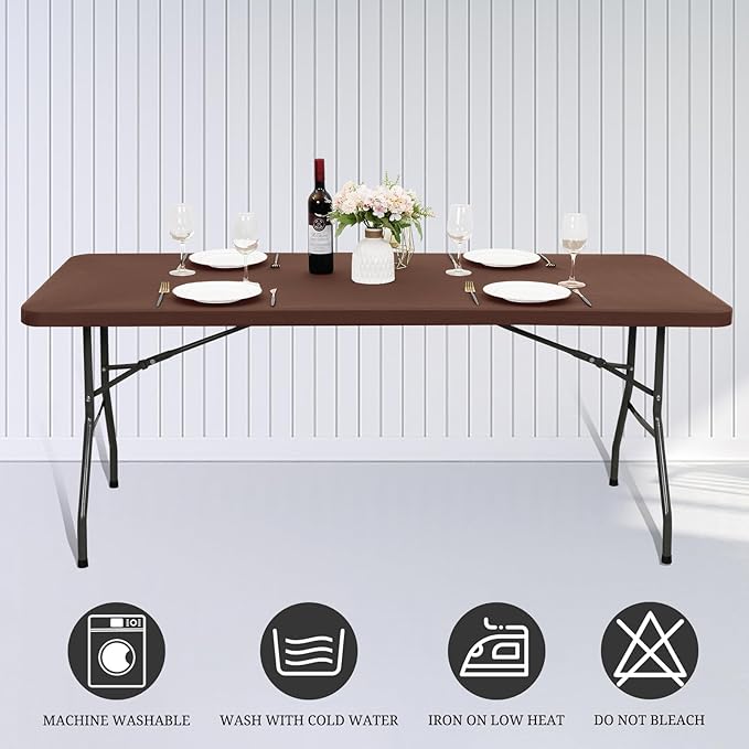 6 Pack Stretch Fabric Table Top Cap Cover, fits 8' Tables, Spandex Table Covers Washable Elastic Rectangle Tablecloth Protector for Indoor Outdoor Party Picnic Wedding, Coffee, 30" W x 96" L