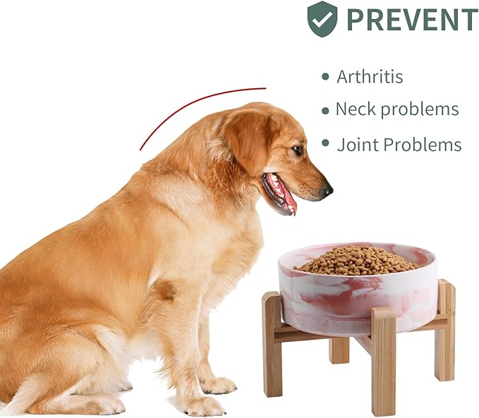 Elevated/Raised Dog Bowl Ceramic with Wood Stand for Medium Large Breed,Dog Food Water Dish Heavy Weighted, 8 in Non Slip Porcelain Pet Bowl Extra Big Marble Pink