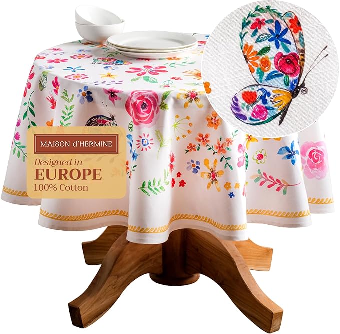 Maison d' Hermine Table Cloth Round Table 100% Cotton 63 Round Inches Tablecloth Reusable Decorative for Dining Room Farmhouse Home Valentines Day Decorations Spring Summer - Happy Florals - Sweety