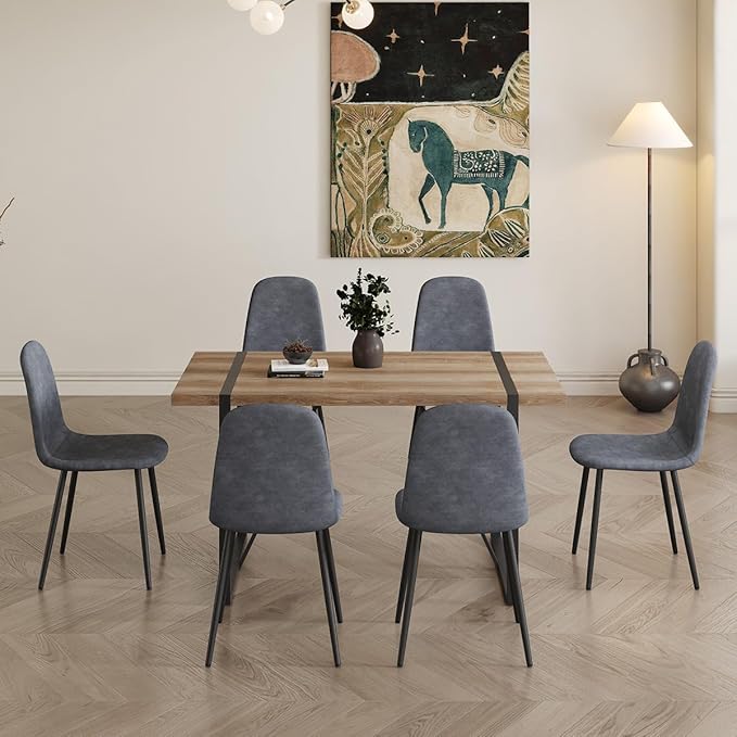 6 Chair Dining Table Set，Dinner Table Set for 6, 55'' Kitchen Table and Suede Nap Fabic Chairs Set of 6, 7 Piece Dining Table Set for Kitchen Dining Room