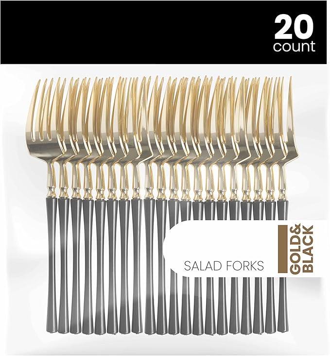 PlasticPro 20 Count Gold and Black Plastic Salad Forks Premium Quality Heavy Duty Disposable Elegant Silverware Two Tone Salad Forks for Party