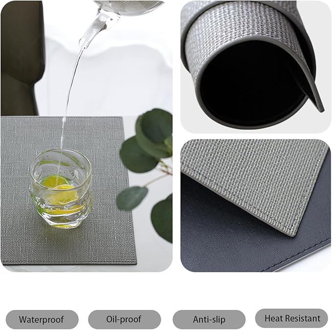 Placemats Set of 4 Faux Leather Waterproof Oil-Proof Wipeable Table Mats, Reversible Heat Resistant PU Place Mats for Kitchen Dining Table (13x18 Inch, Grey)