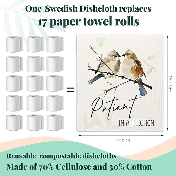 Bird Scripture Swedish Dishcloths for Kitchen, Swedish Dish Cleaning Cloths for Spring，Papaya Reusable Paper Towels, 4 Pack Dish Towels for Kitchen, Reusable Paper Dishcloths Washable