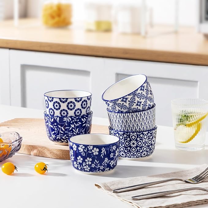 vancasso Selene 8 oz Ceramic Ramekins Set of 6, Large Capacity Oven-Safe Baking Cups for Soufflés, Snack Serving, Desserts, Blue and White Serving Bowls