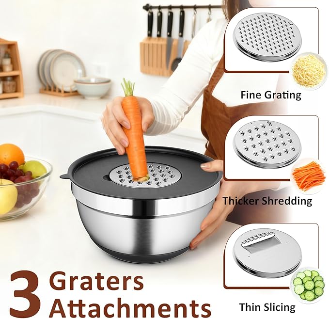9 Pack Mixing Bowls with Airtight Lids Set, Stainless Steel Mixing Bowls with Grater Attachments, Nesting Kitchen Bowl Set with Non-Silp Bases, Size 5, 4, 3, 2, 1.5,1QT, Black