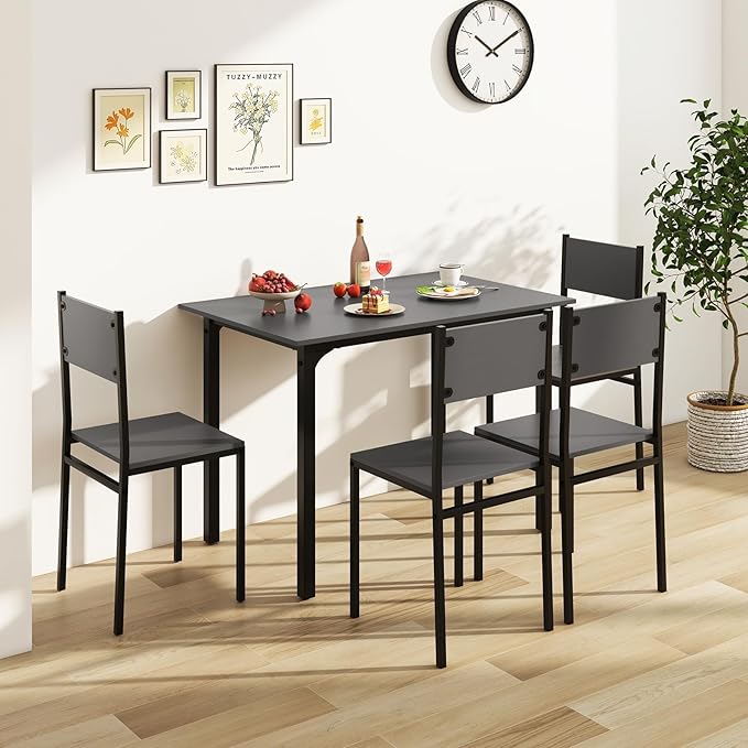 COSTWAY Dining Table Set for 4, Rectangular Kitchen Table and Chairs Set with Backrest, Metal Frame, Space-Saving Dinette Set, Breakfast Nook Table Set for Small Space, Apartment, Dorm (Grey)