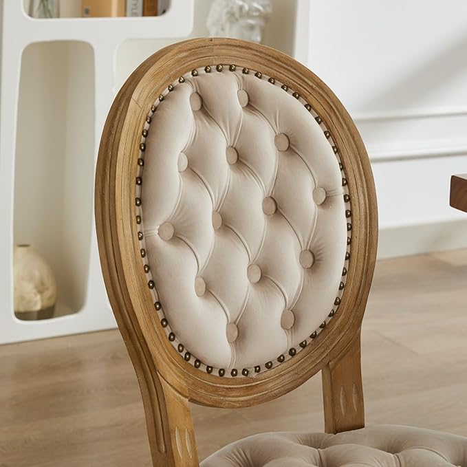 SoarFlash French Velvet Dining Chairs Set of 6, Vantage Dining Chair with Round Back, Wood Leg Farmhouse Country Dining Chair for Kitchen,Bedroom,Beige