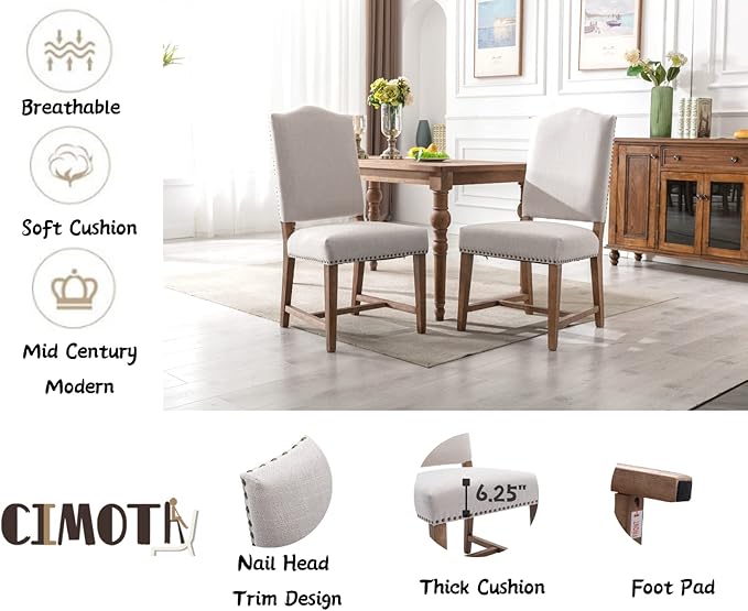 CIMOTA Mid Century Modern Dining Chairs Set of 2, Farmhouse Upholstered Dining Room Chairs Comfortable Kitchen Side Chairs with High Back/Natural Solid Wood Frame, Linen Beige