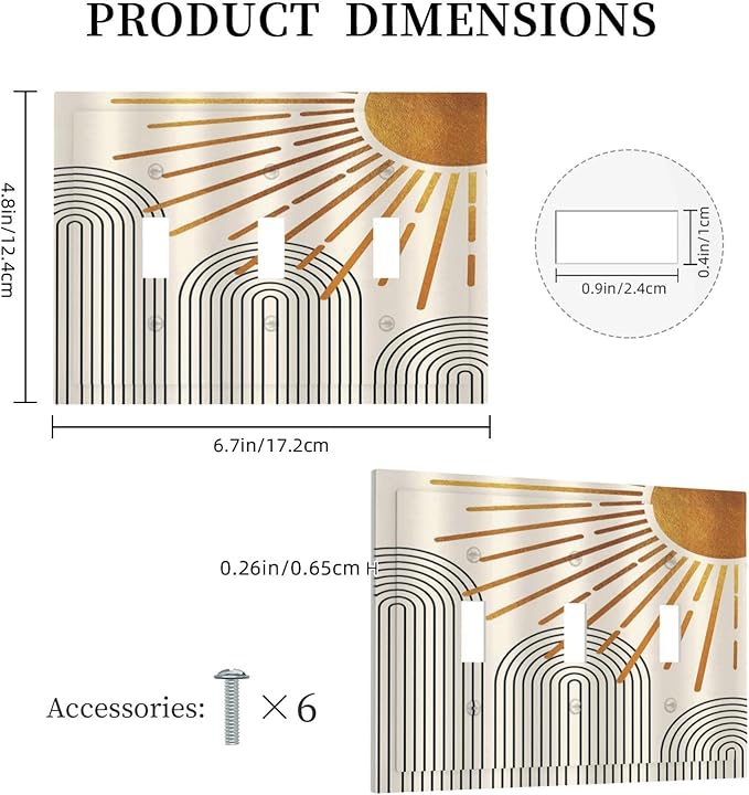 Light Switch Cover Mid Century Boho Sun Beige Minimalist Abstract 3 Gang Wall Plate Triple Light Switch Plate Toggle Decorative Outlet Covers Electrical Switchplate for Bathroom Bedroom Decor