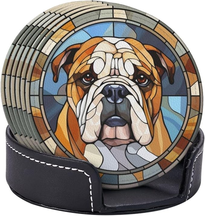 Drink Coaster Set of 6, Bulldog Dog Mom Lover Gift,Leather Drink Coasters with Holder,6 Pack Cup/Bar/Drink Coasters for Table/Drinks/Coffee Protection Housewarming Gift