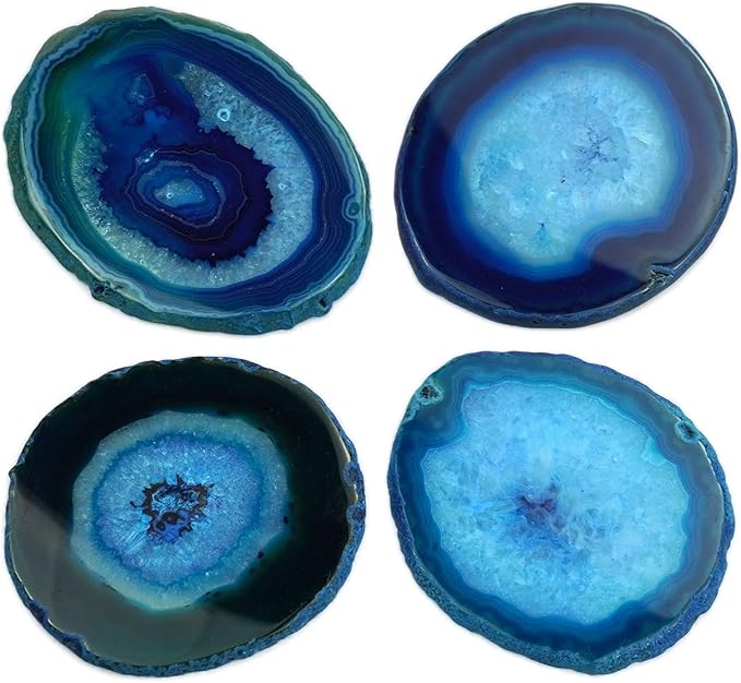 Teal Agate Slices Bulk Geode Coasters Set of 4 with Rubber Bumpers - Unique 4-5 Inch Dyed Stone Drink Crystal Cup Coasters for Home Decor, Coffee Table, Bar Accessories