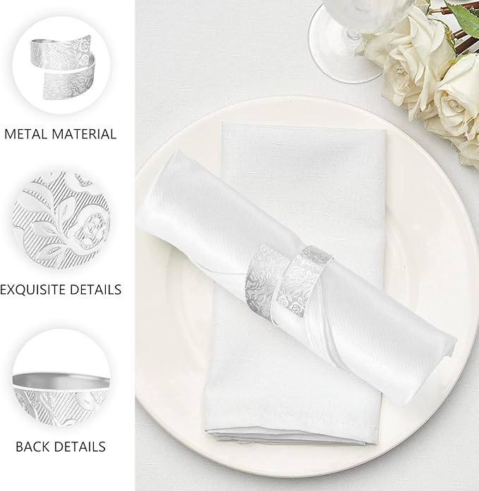 Napkin Rings Set of 12, Irregular-Shaped Metal Napkin Holders with Rose Patterns for Wedding Dining, Holiday Table Decor, Perfect for Home Chefs & Party Planners（Silver）