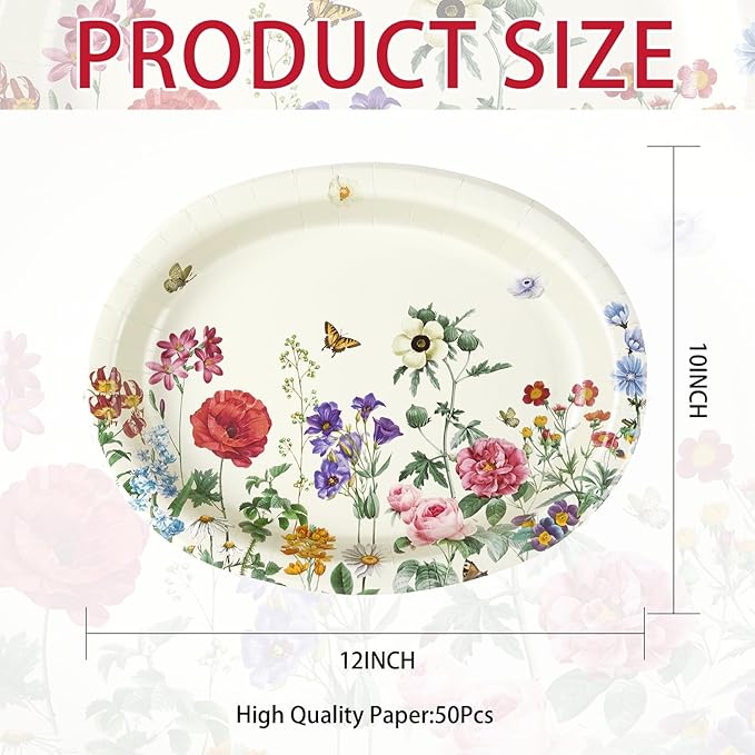 50Pcs Wild Flower Oval Paper Plates 10" x 12" Large Heavy Duty Disposable Fall Vintage Wildflower Platters Autumn Watercolor Floral Dessert Plates for Thanksgiving Dinner Birthday BBQ Party Supplies