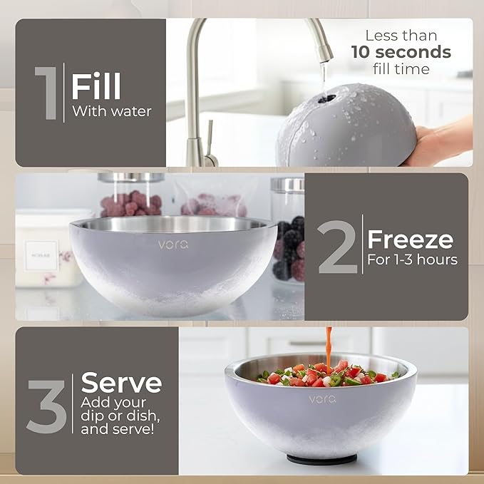 Vora 70oz Dip Chiller Bowl with Lid | Iced Grey Stainless Steel Chilled Dip Bowl for Dips, Guacamole, Hummus, Salsa | Insulated Serving Dishes with Easiest Water Fill & Refillable Chamber