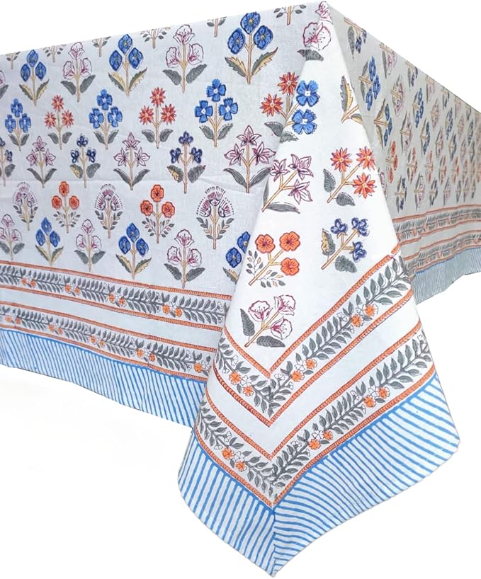 ATOSII Flora Bloom 100% Cotton Rectangle Boho Fall Tablecloth, Handblock Floral Table Cloth Linen for Kitchen Dining I Parties Wedding Outdoors Christmas Thanksgiving I 72 X 140 Inches I 12 Seater