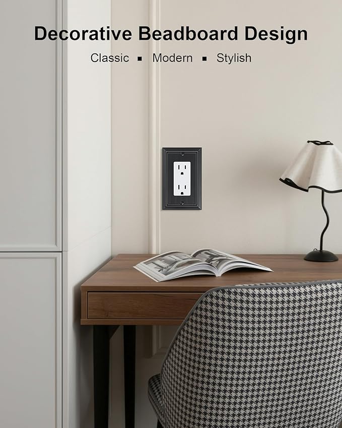 2-Pack Classic Beadboard Decorator Wall Plate Cover, Black Decorative Switch Plates and Outlet Covers, Durable Natural Bamboo Fiber Wall Plates for Electrical Outlets, Receptacle, GFCI Outlet