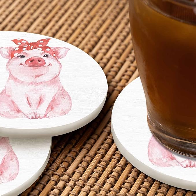 Cute Pig with Bandana Coasters for Drinks Cartoon Animal Sketch Portrait Sit Lovely Adorable Farm for Tabletop Protection Coffee Table Living Room Kitchen Office Home Decor 2 Pcs,4 Inch