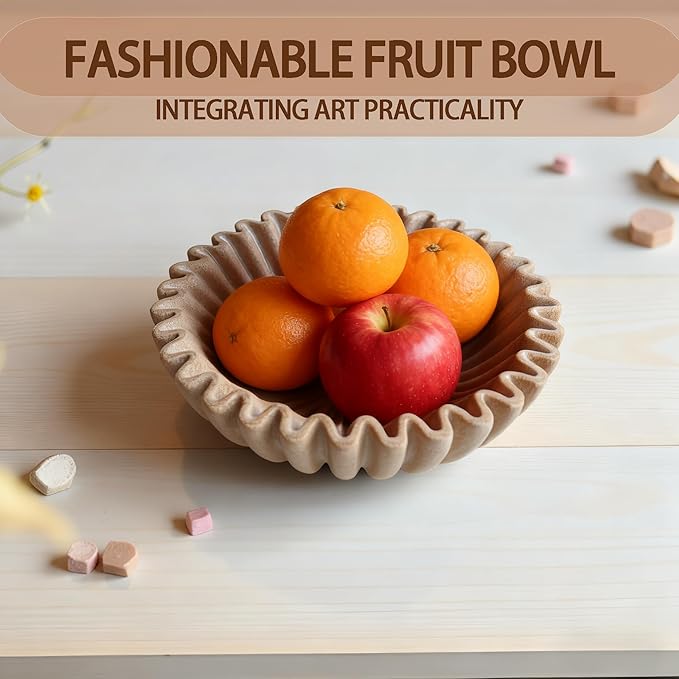 10" Large Decorative Bowl decor, Scalloped Bowls for Modern Home Decor,Ruffle Decor,Stylish Key Bowl for Entry Table,Decorative Fruit Bowl for Kitchen Counter,Artificial Stone Beige
