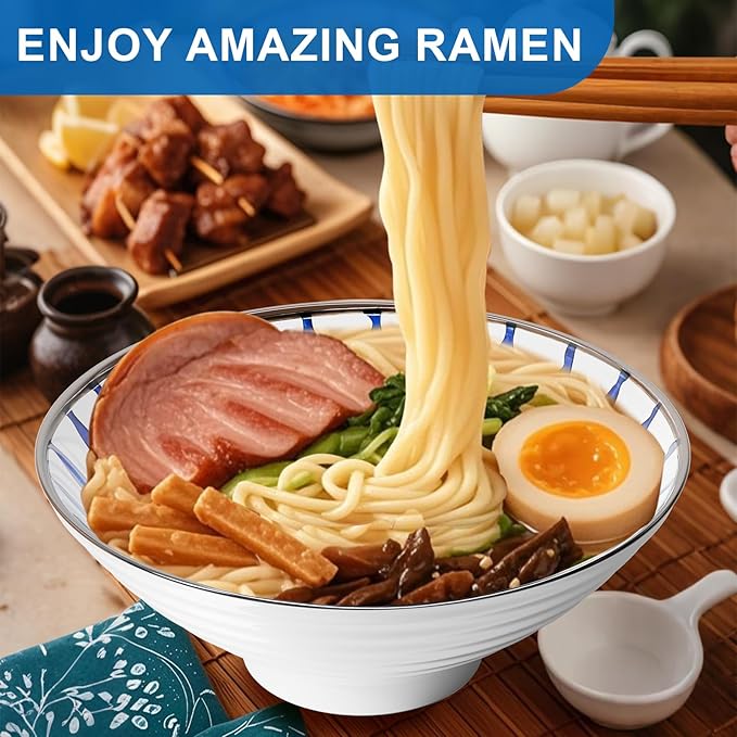 9.4Inch Ceramic Ramen Bowl Set of 4 (17 Piece) - Porcelain Japanese Salad Noodles Cereal Fruit Pasta Soup Large Bowls with Recipes Chopsticks Forks Spoons for Men Women Gift Microwave Dishwasher Safe