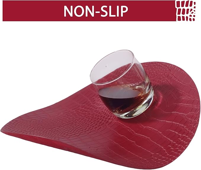 Jovono Round Leather Placemats for Round Tables Set of 6, Red Place Mats and Coasters, Wipeable Waterproof Heat Resistant Table Mats Easy to Care for Indoor Decor 14 inch Diameter