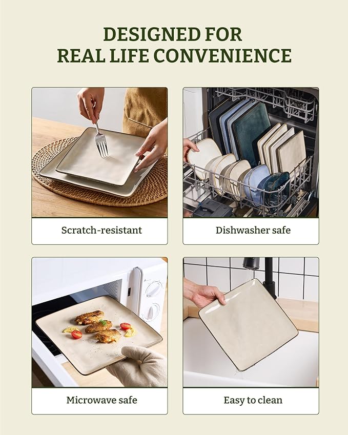 Famiware Dinnerware Sets for 6, Ocean Square 18-Piece Kitchen Plates and Bowls Sets, Microwave and Dishwasher Safe, Scratch Resistant, Light khaki
