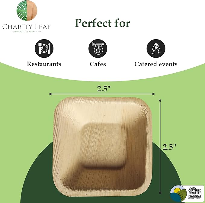 Charity Leaf Disposable Palm Leaf 2.5" Square Mini Bowl (400 pcs) Dipping Bowls | Bamboo Like| All Natural and Biodegradable | Charcuterie Boards, BBQs, and Parties
