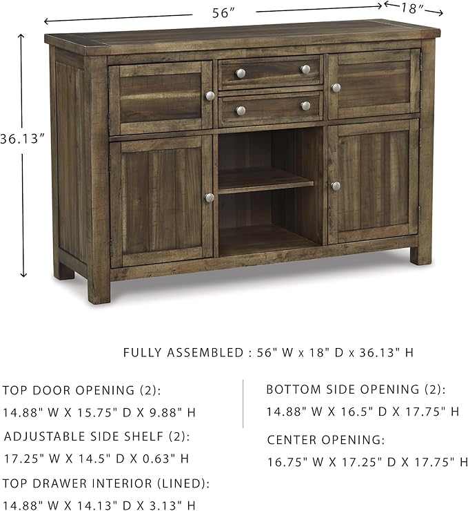 Signature Design by Ashley Moriville Vintage Casual Dining Room Buffet or Server with 4 Cabinets & Center Display Shelf, 2 Drawers, Wood, 56" Wide, Brown