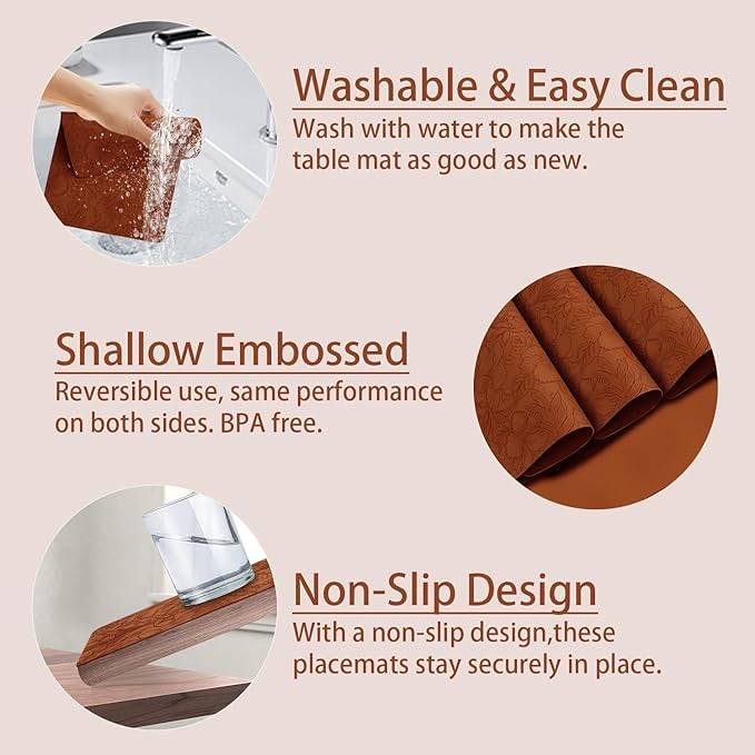 SolaraDawn Faux Leather Table Placemats Set of 6, Washable, Wipeable & Heat-Resistant Table Mats, Waterproof Dining Place Mats with Embossed Texture for Kitchen & Dining, Caramel Brown, 17" × 12"